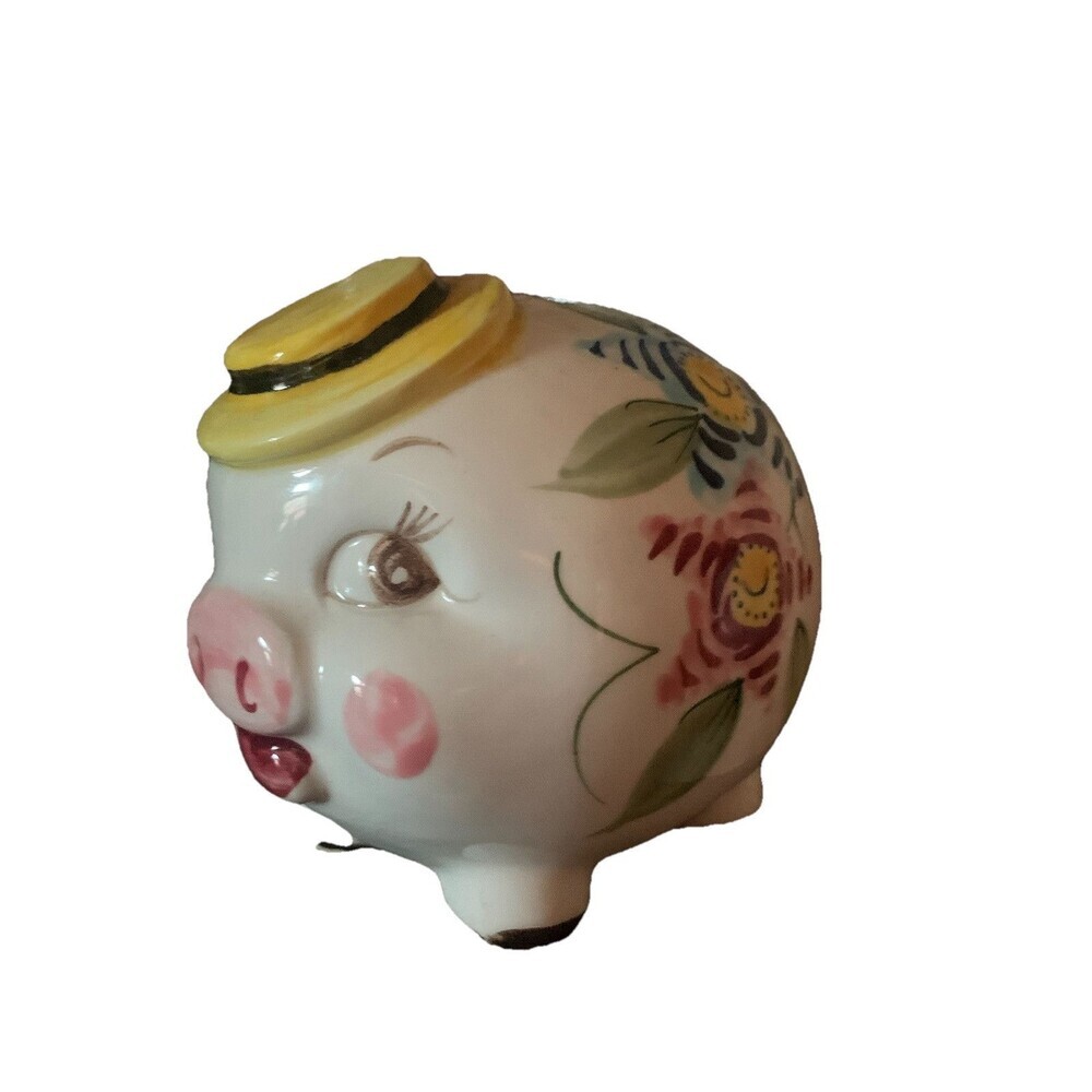 Vintage Anthropomorphic Small Piggy Bank Mr. Pig Yellow Hat Ceramic Japan